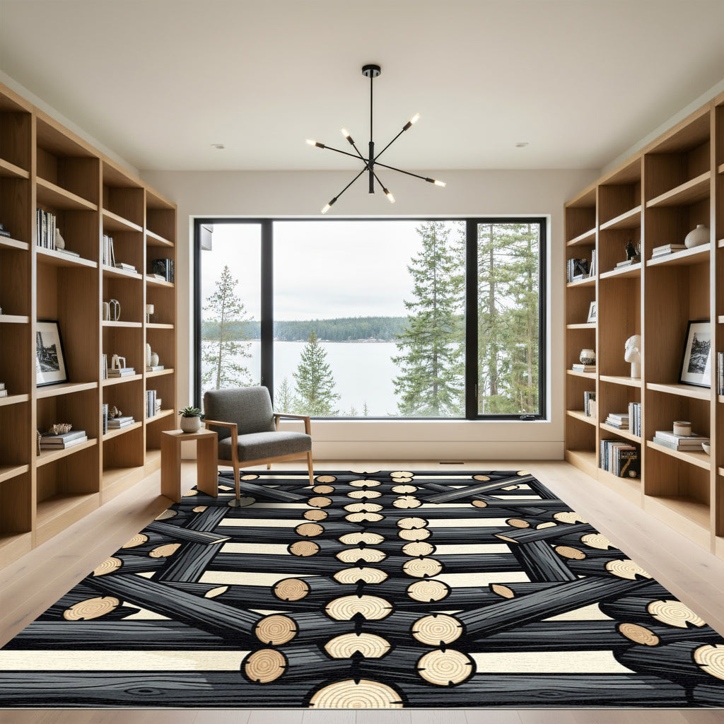 Rustic Monochrome Stacked Log Abstract Rug