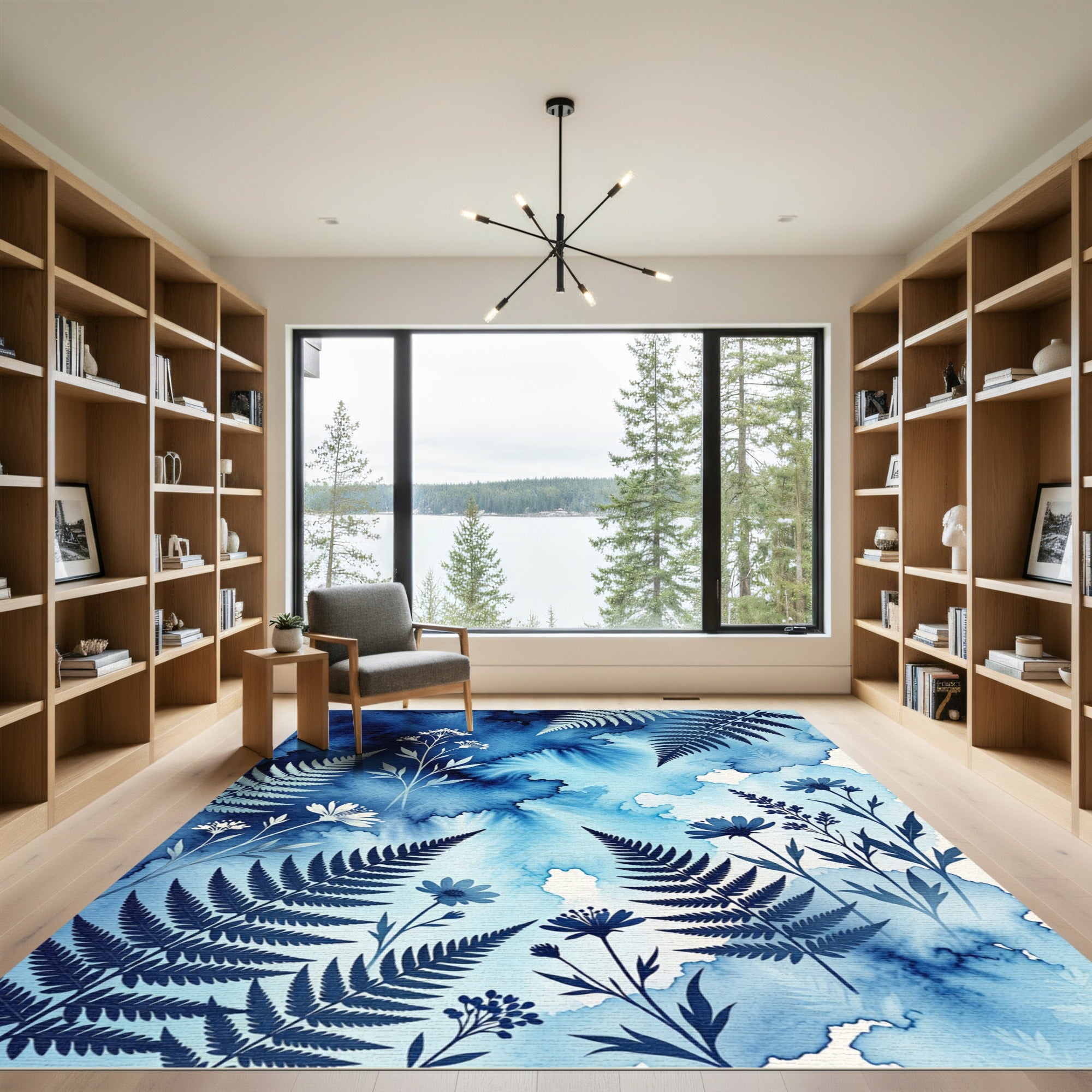 Indigo Fern Floral Watercolor Immersion Rug