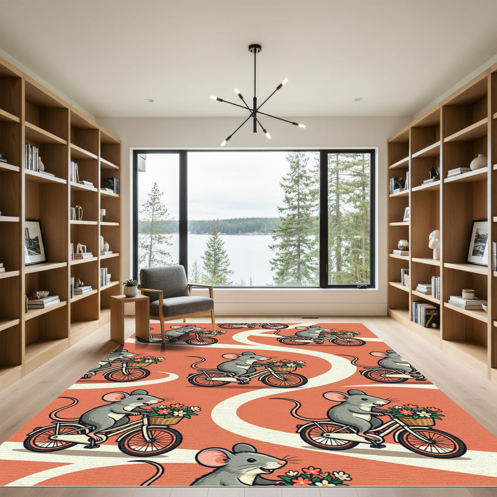 Whimsical Coral Cyclist Mouse Floral Art Rug