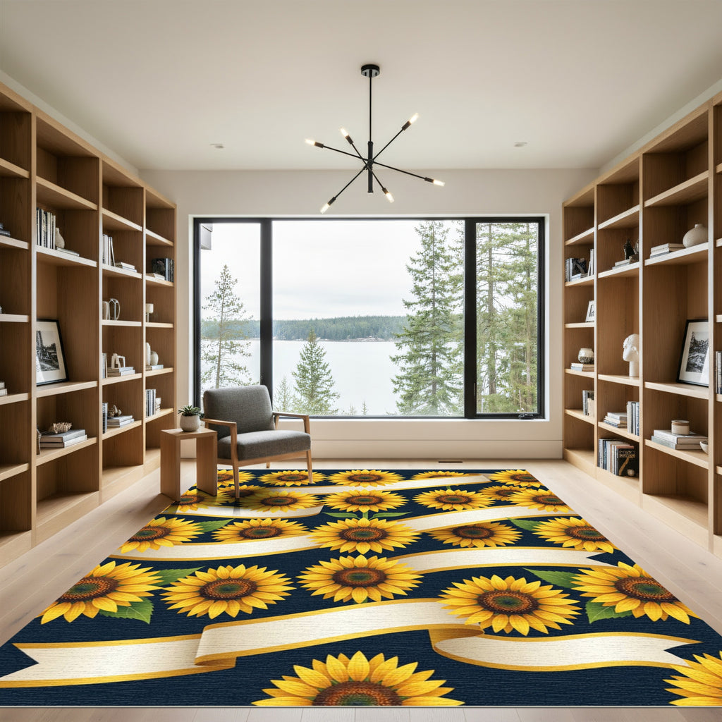 Sunlit Golden Sunflower Ribbon Scroll Rug