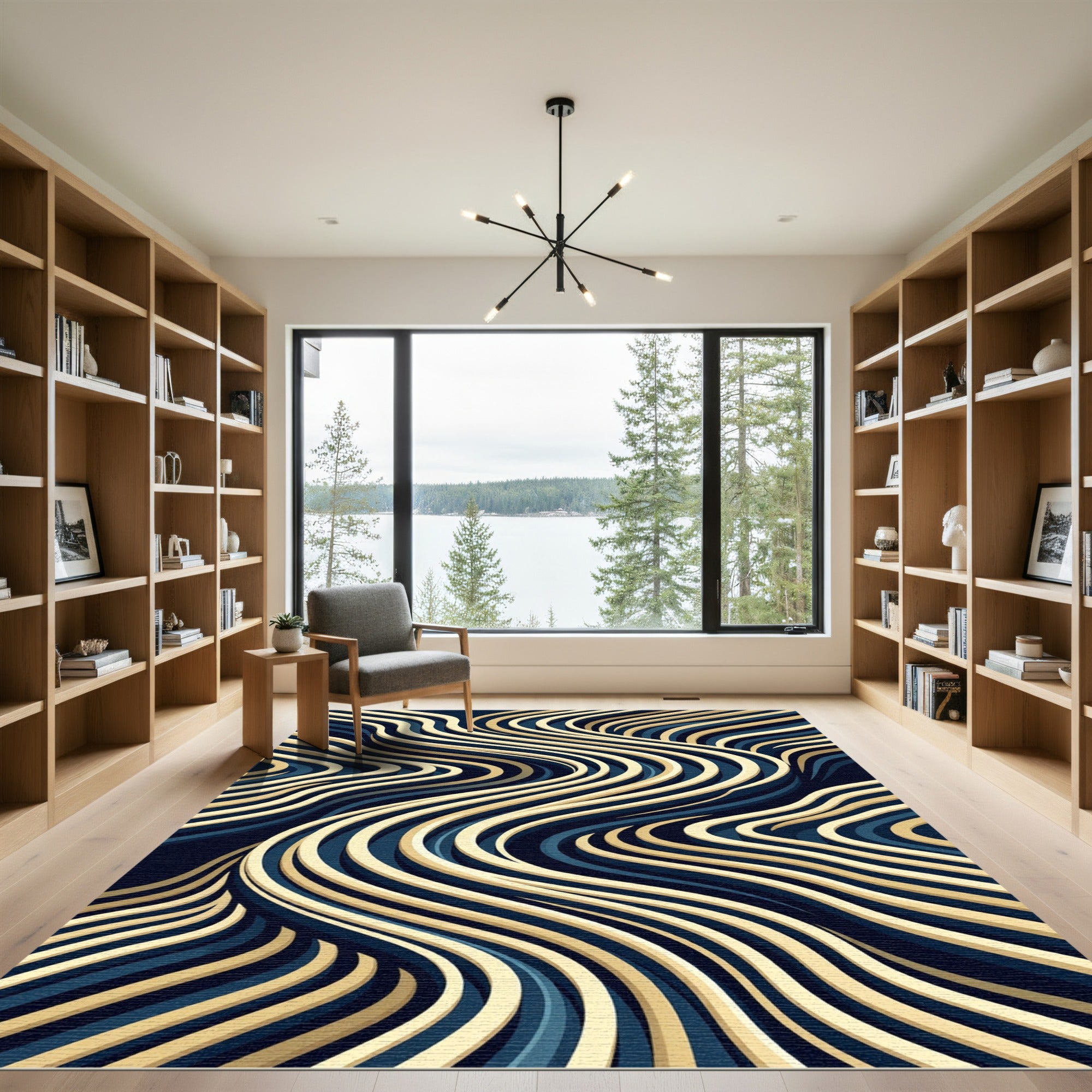 Modern Navy and Gold Flowing Wave Rug