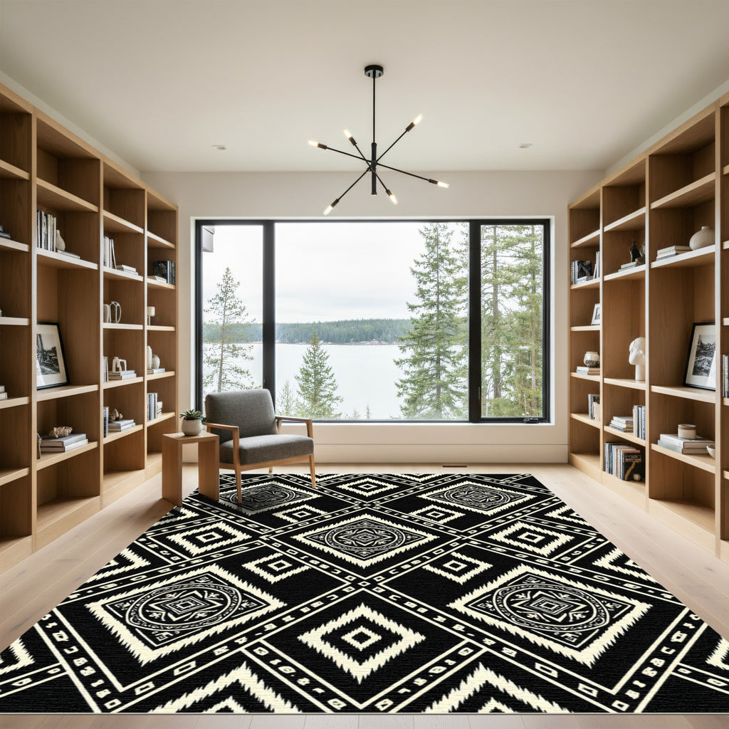Monochrome Ikat Diamond Geometric Art Rug