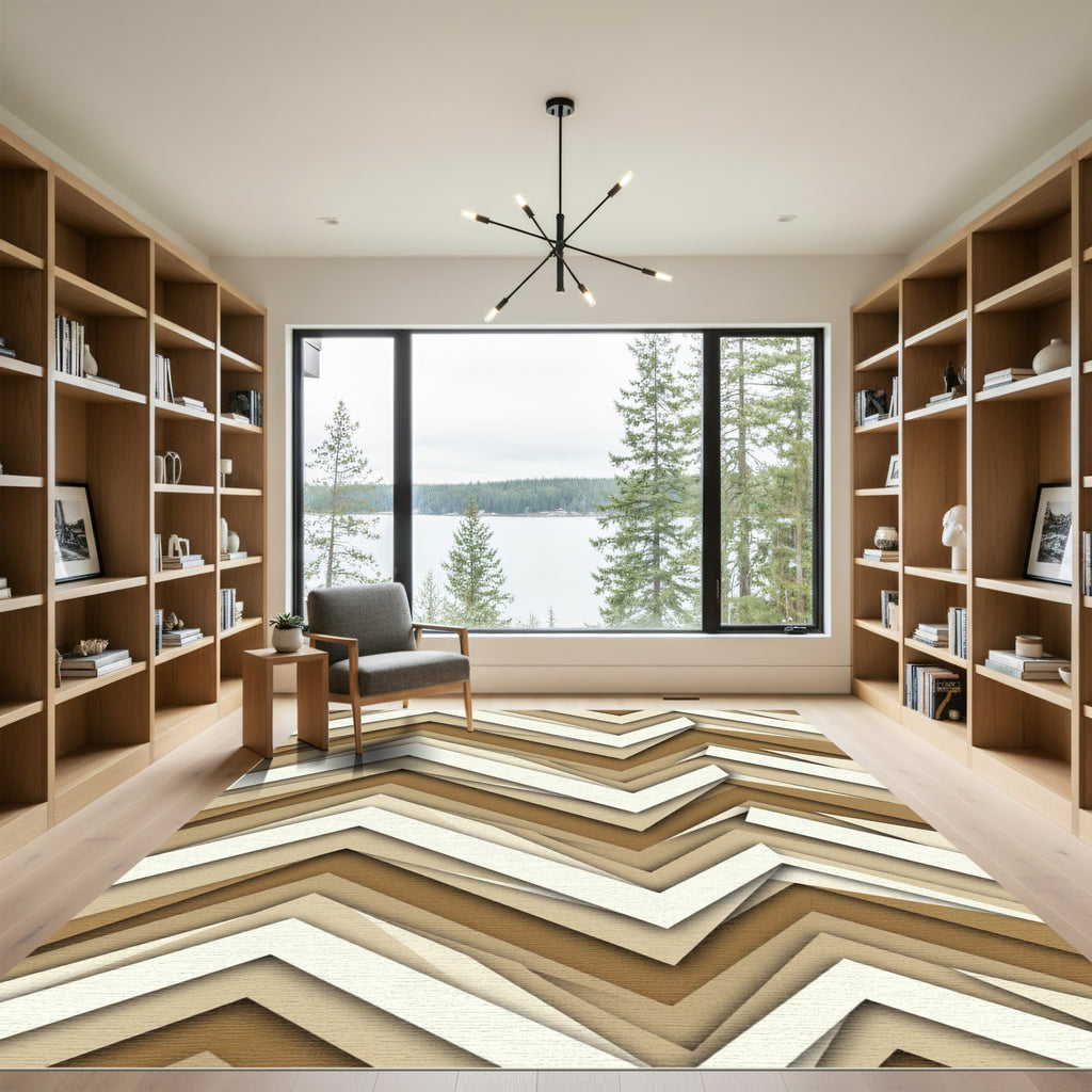 Modern Beige Chevron Layered Abstract Rug