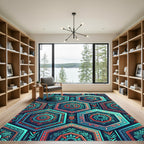 Teal Coral Geometric Hexagon Medallion Rug