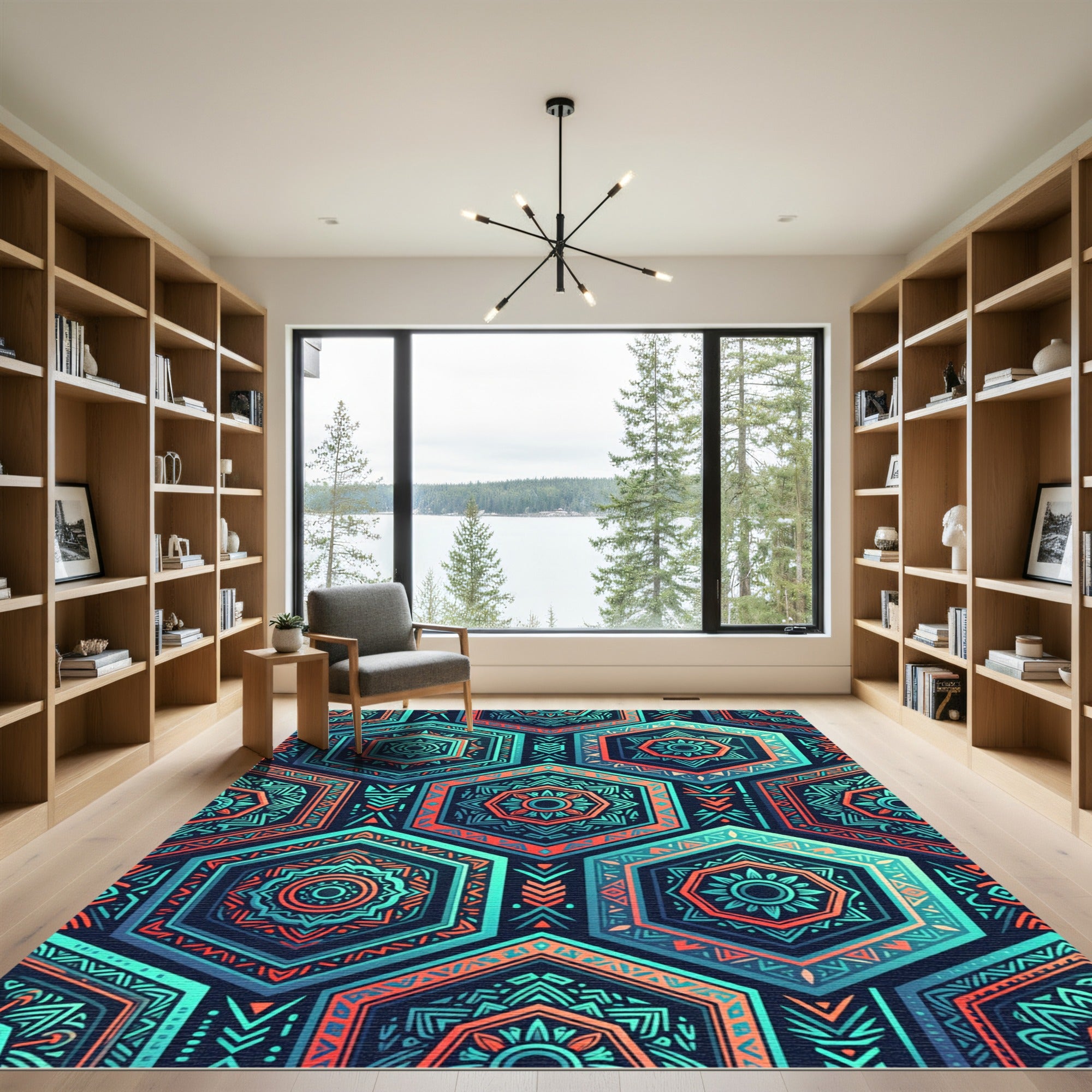 Teal Coral Geometric Hexagon Medallion Rug