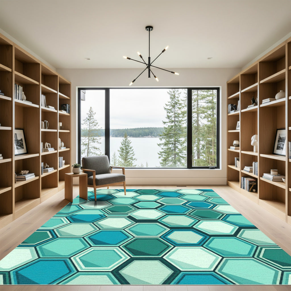 Sophisticated Teal Geometric Hexagon Rug