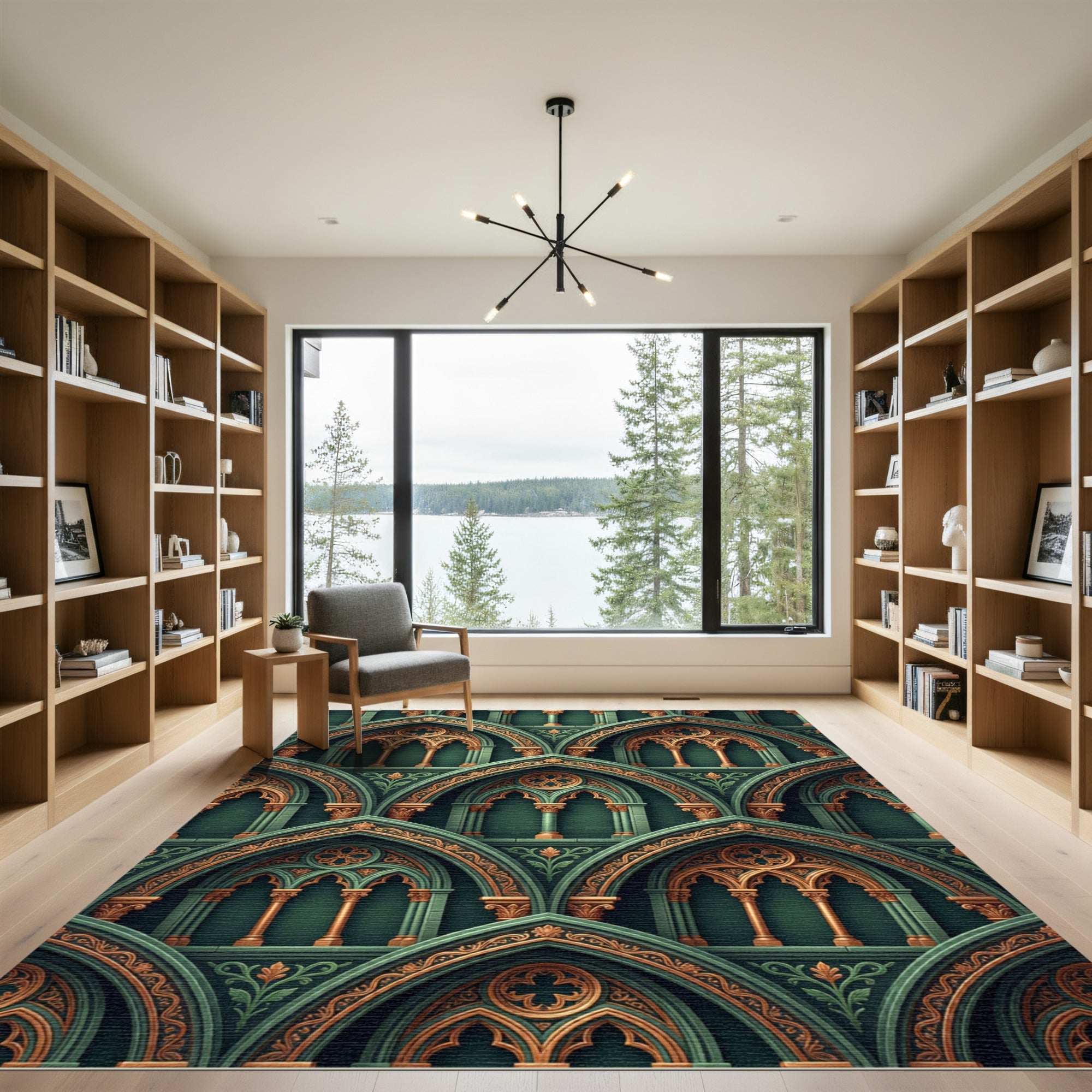 Emerald Green Gothic Arch Teal Scroll Rug