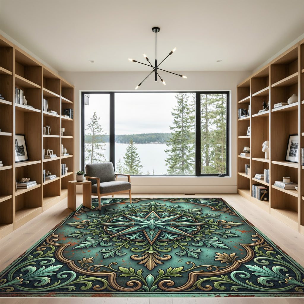 Ethereal Teal Compass Star Ornamental Filigree Rug