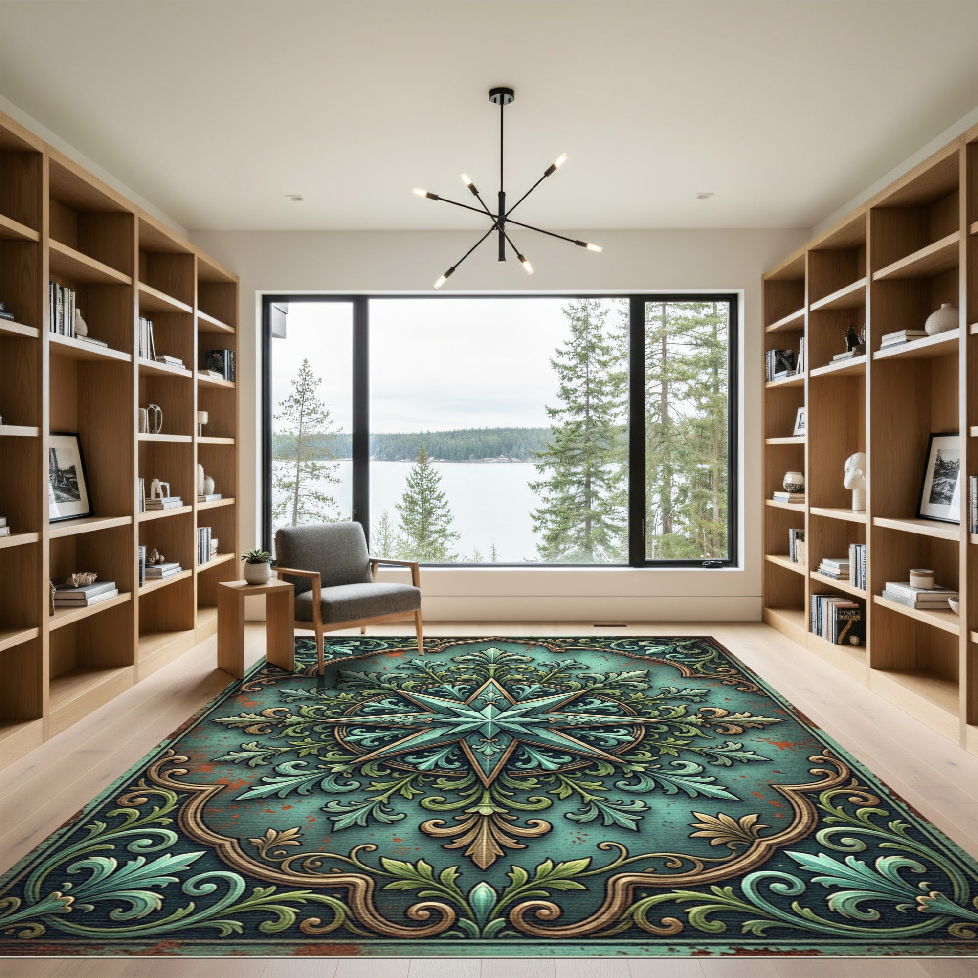 Ethereal Teal Compass Star Ornamental Filigree Rug