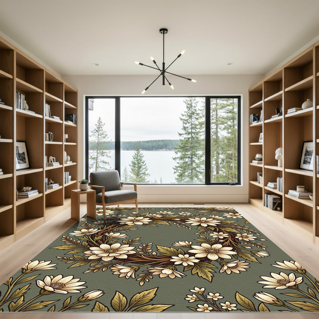 Earthy Sage Floral Wreath Rug