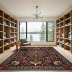 Crimson Starburst Floral Scrollwork Rug