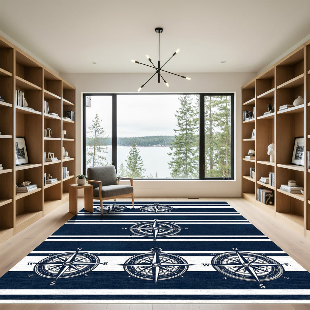 Navy White Nautical Compass Striped Decor Rug