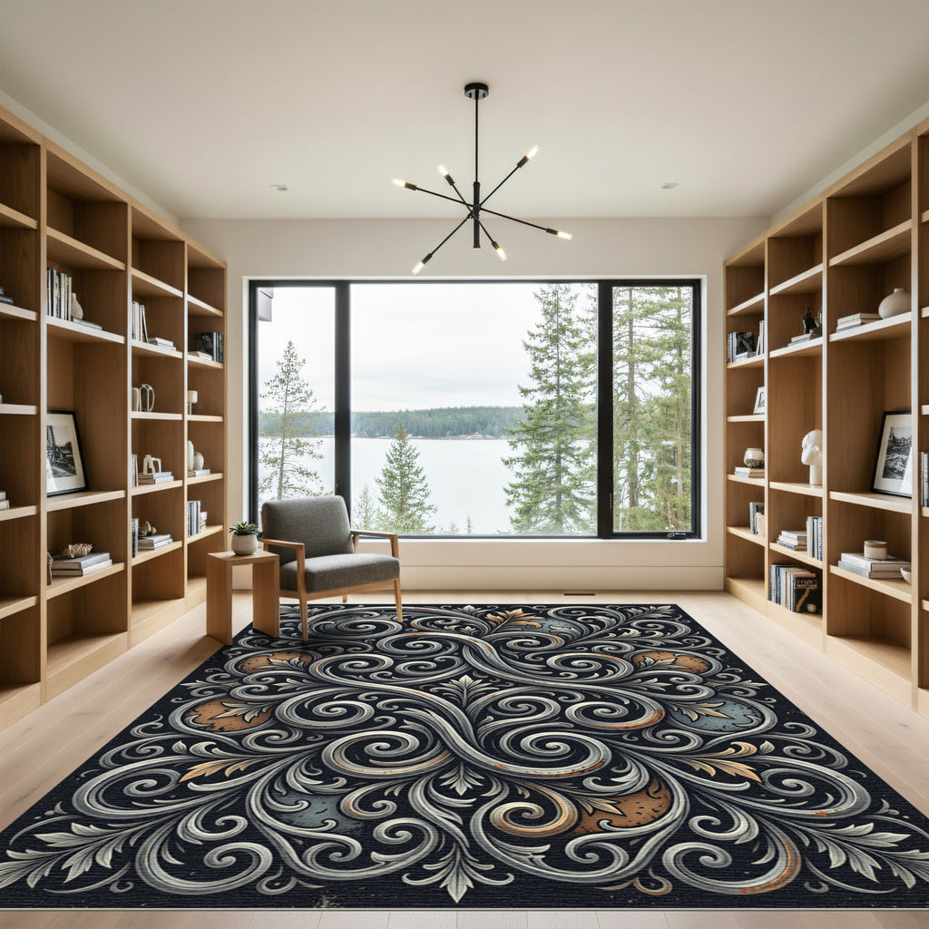 Elegent Metallic Silver Ornate Scrollwork Rug