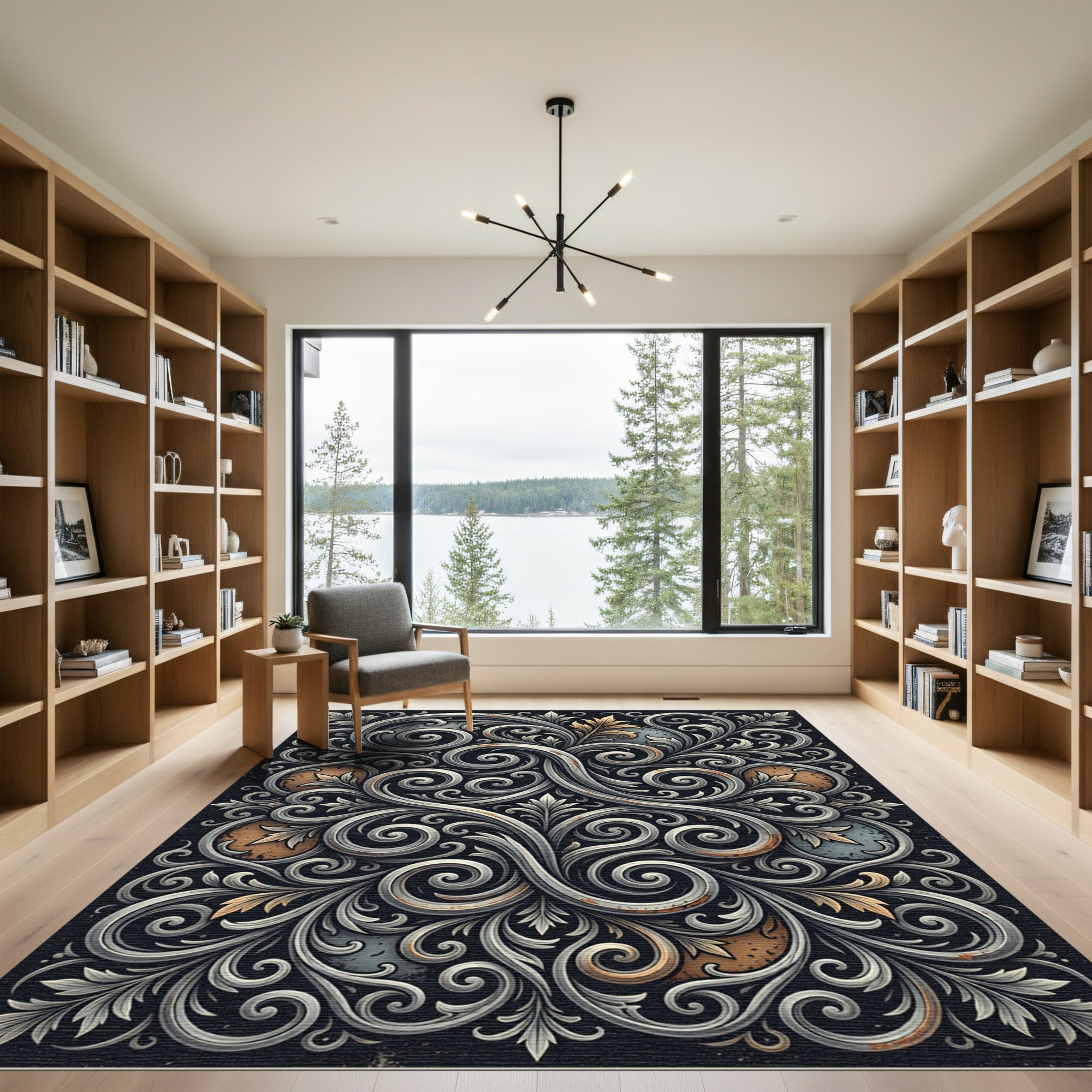 Elegent Metallic Silver Ornate Scrollwork Rug