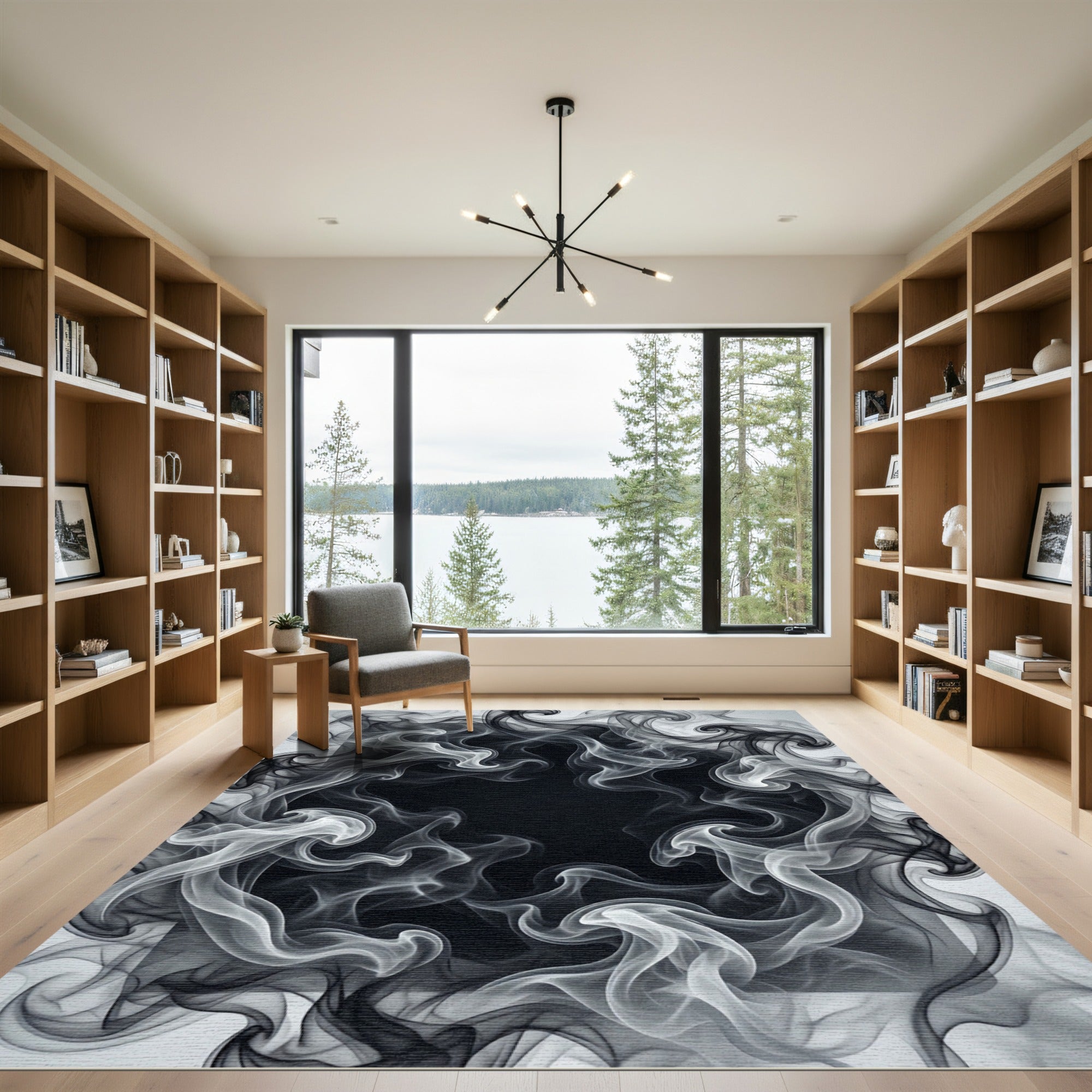 Monochrome Swirling Smoke Abstract Rug