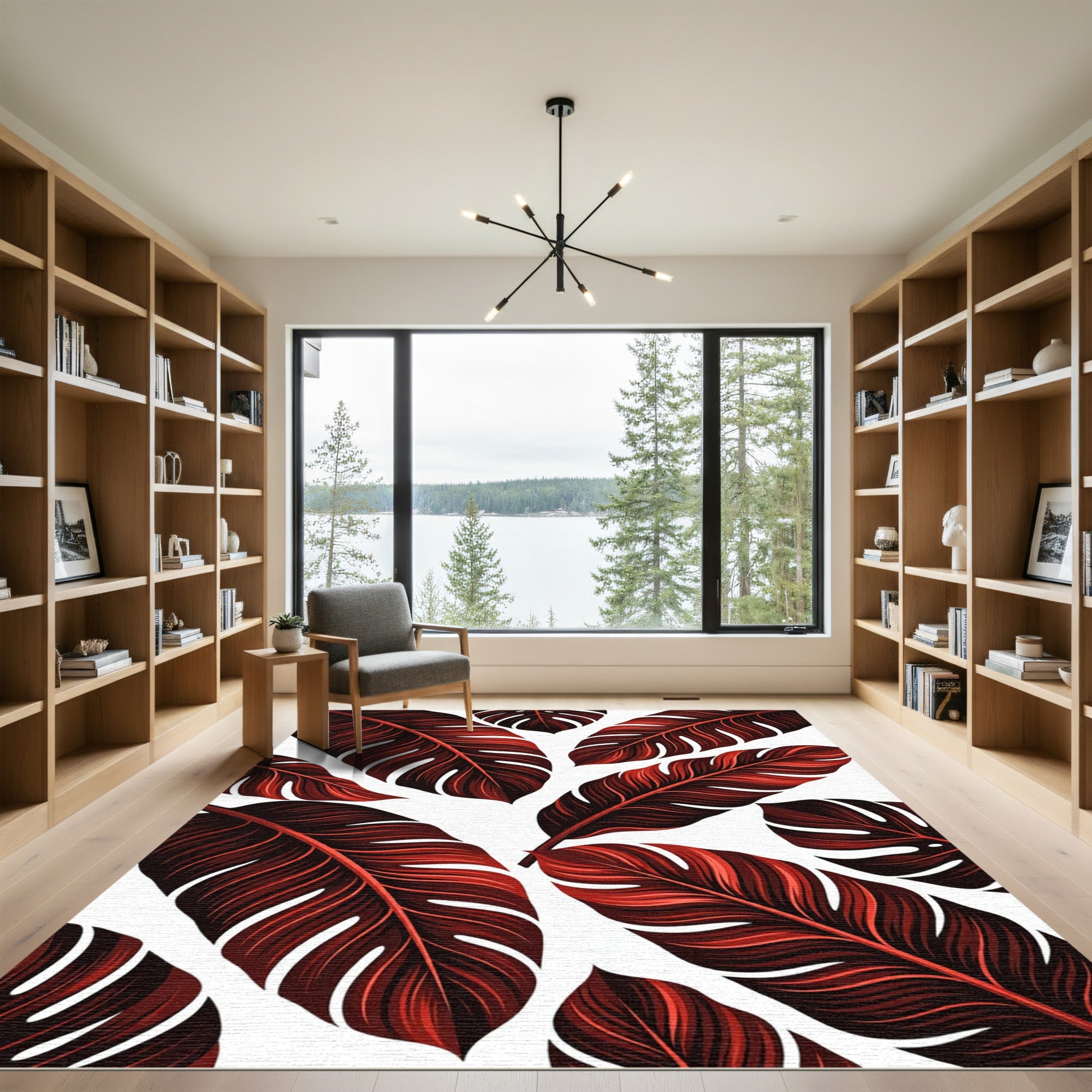Dark Red Tropical Leaf Arrangement Rug