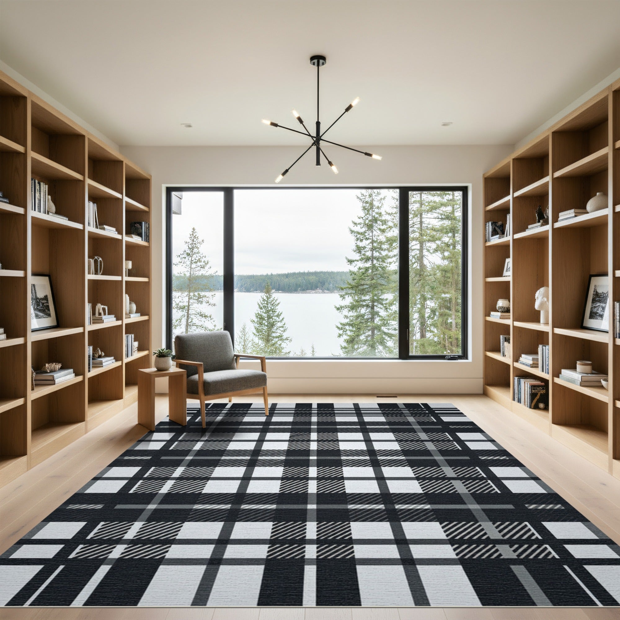 Monochromatic Black And White Plaid Rug