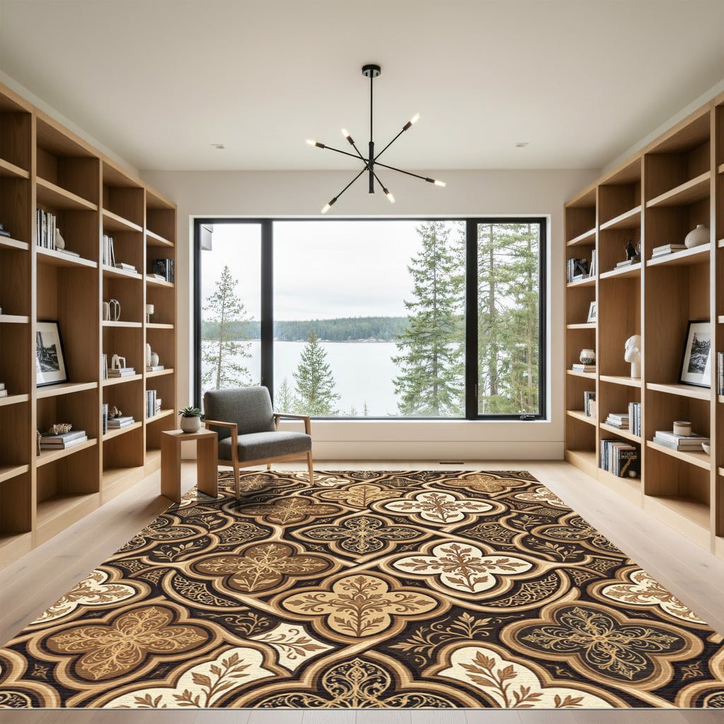 Elegant Gold and Brown Quatrefoil Medallion Rug