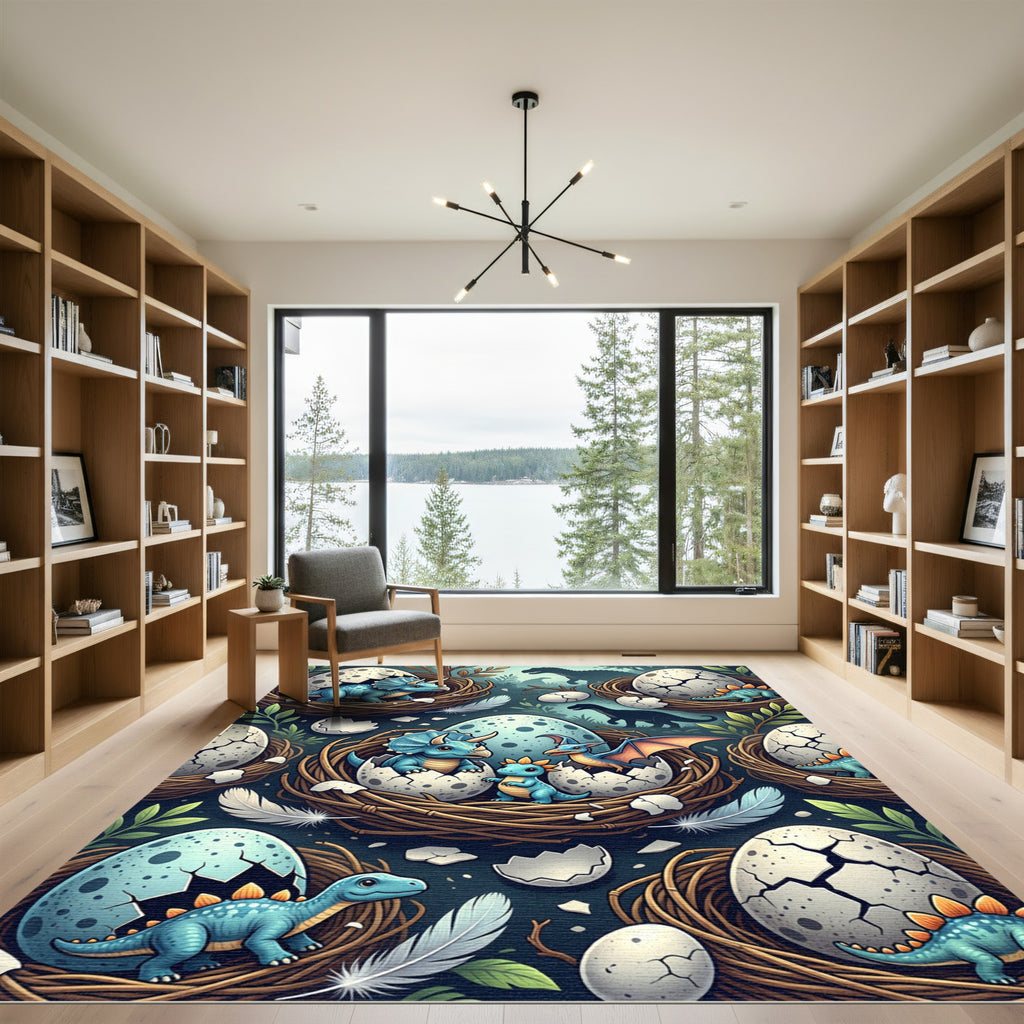 Whimsical Blue Dinosaur Hatching Egg Scene Rug
