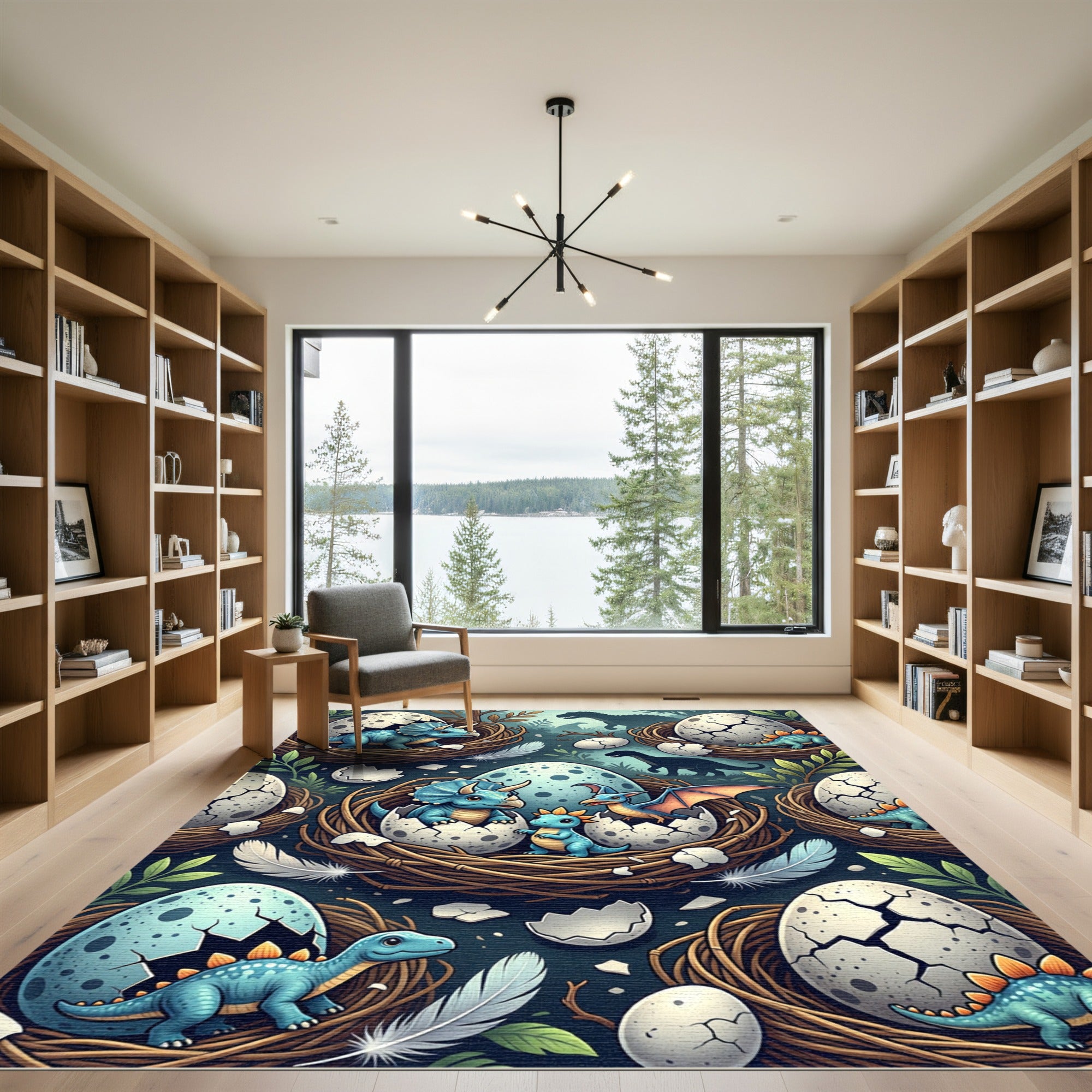 Whimsical Blue Dinosaur Hatching Egg Scene Rug