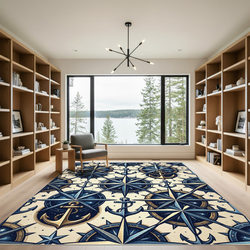 Nautical Compass Anchor Midnight Starry Rug