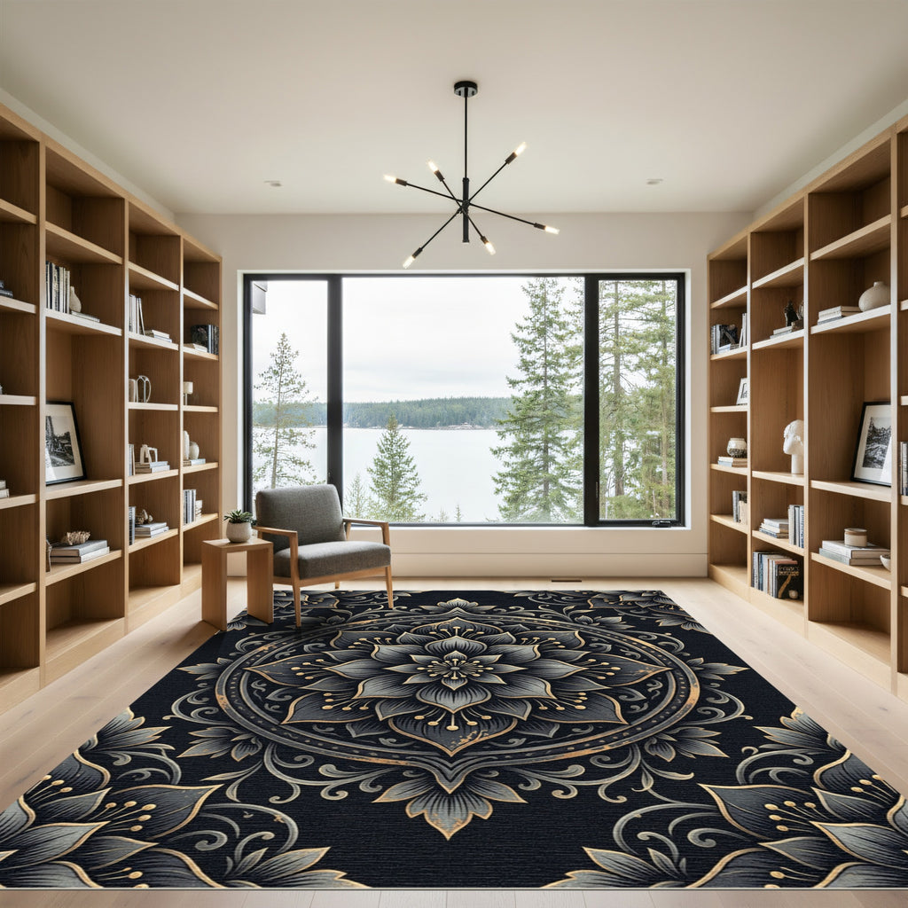 Elegant Charcoal Gold Floral Mandala Rug