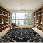 Elegant Charcoal Gold Floral Mandala Rug