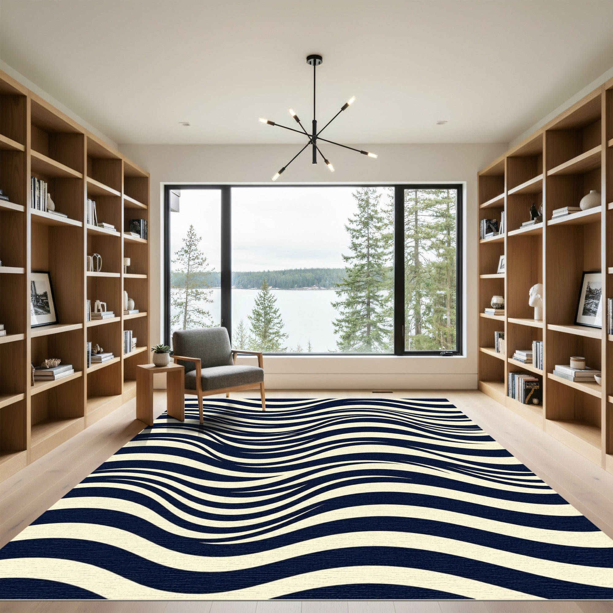 Modern Navy and Cream Wavy Stripe Rug