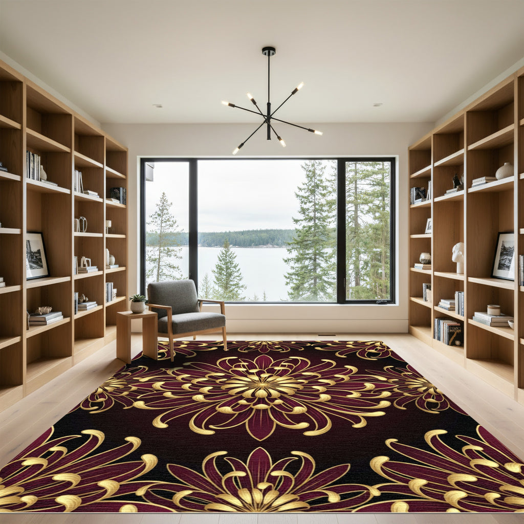 Golden Chrysanthemum Burgundy Floral Medallion Rug