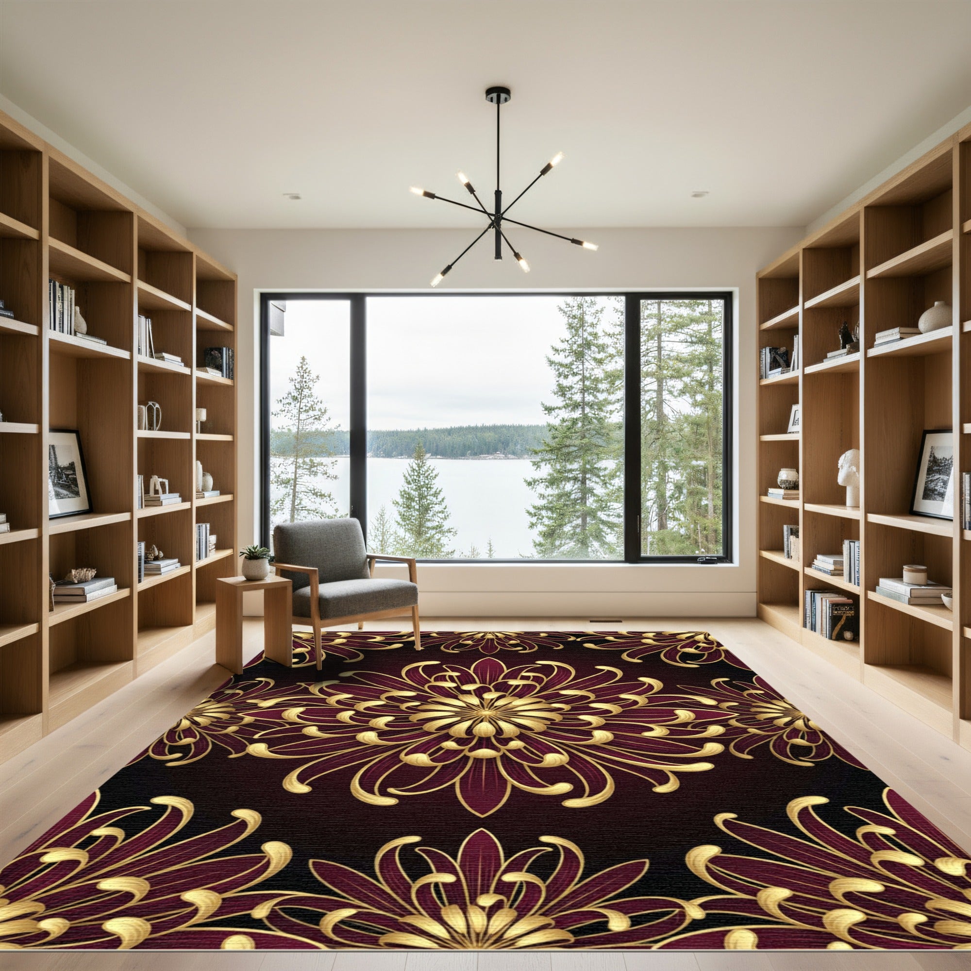 Golden Chrysanthemum Burgundy Floral Medallion Rug