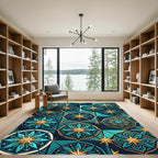 Teal and Gold Starry Medallion Tapestry Rug