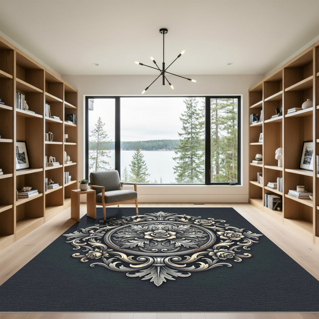 Elegant Gray Rose Floral Medallion Rug