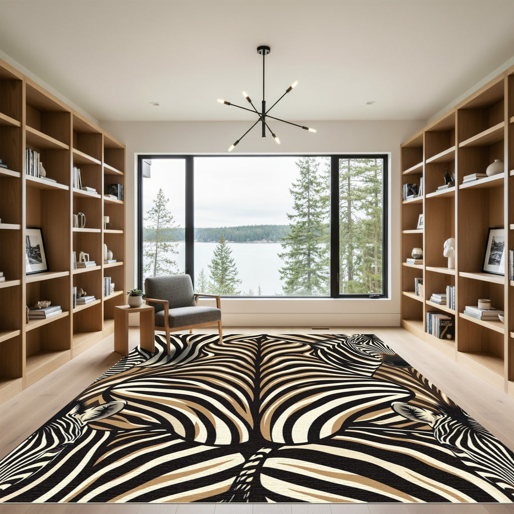 Abstract Tan and Black Zebra Stripe Rug