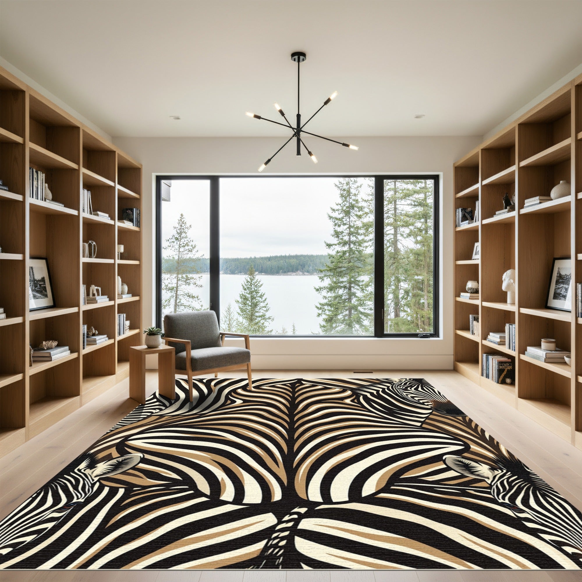 Abstract Tan and Black Zebra Stripe Rug