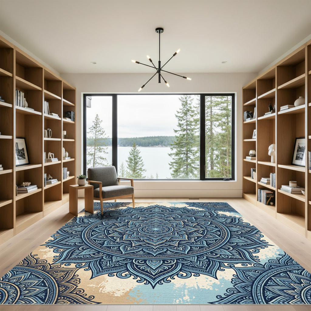 Intricate Navy and Pale Blue Mandala Rug