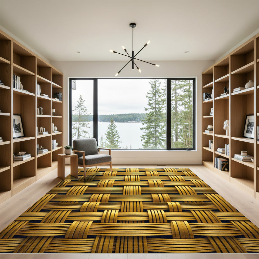 Golden Interwoven Basketry Texture Rug