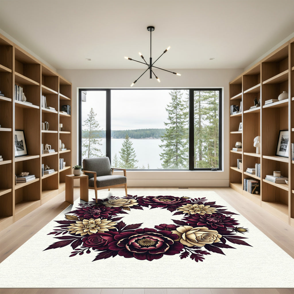 Burgundy Cream Floral Wreath Round Rug