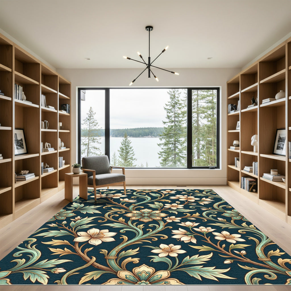 Elegant Dark Teal Floral Scroll Tapestry Rug