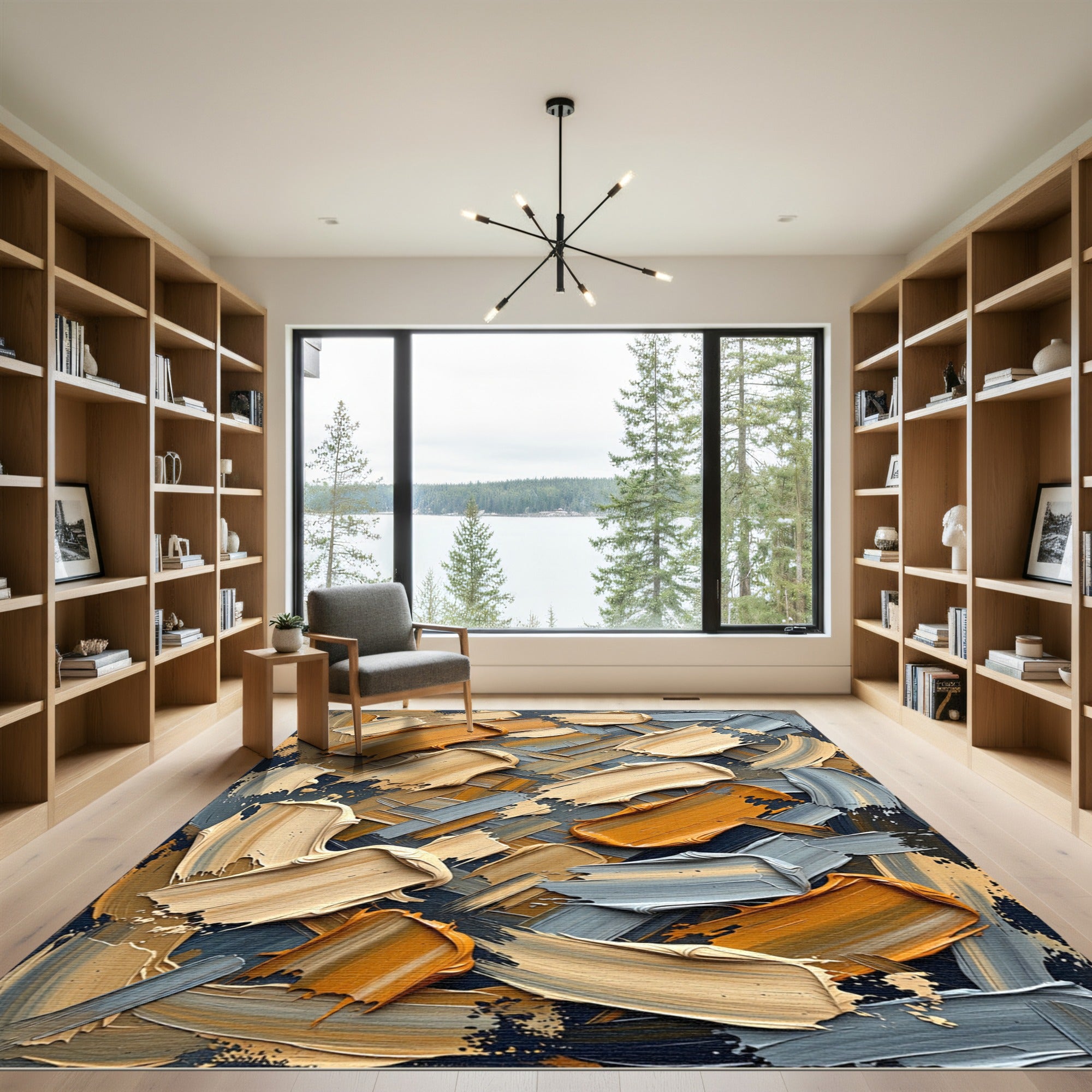 Textured Ochre and Beige Brush Strokes Rug