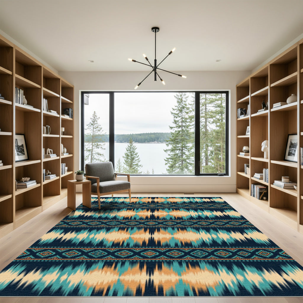 Navajo Teal Orange Geometric Stripes Rug