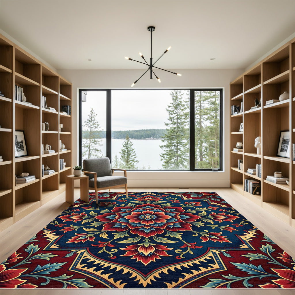 Deep Crimson Blue Floral Medallion Rug