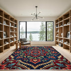 Deep Crimson Blue Floral Medallion Rug