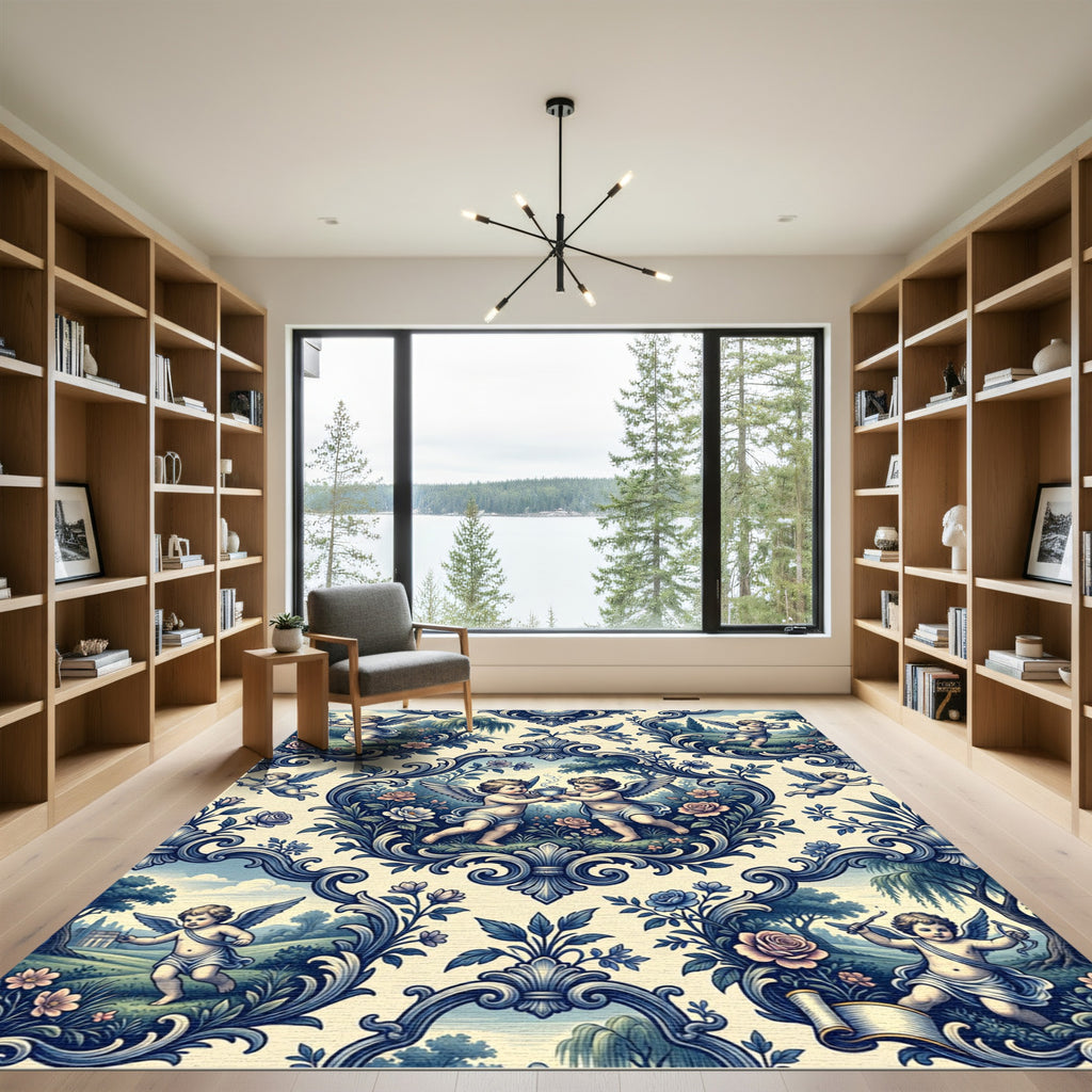 Charming Blue Cherub Toile Scroll Garden Rug