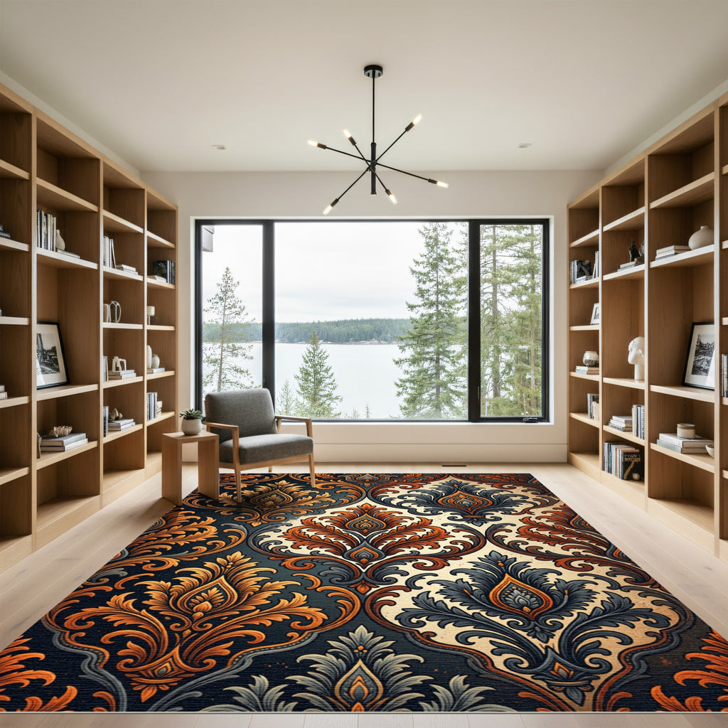 Dark Amber Damask Floral Scroll Rug