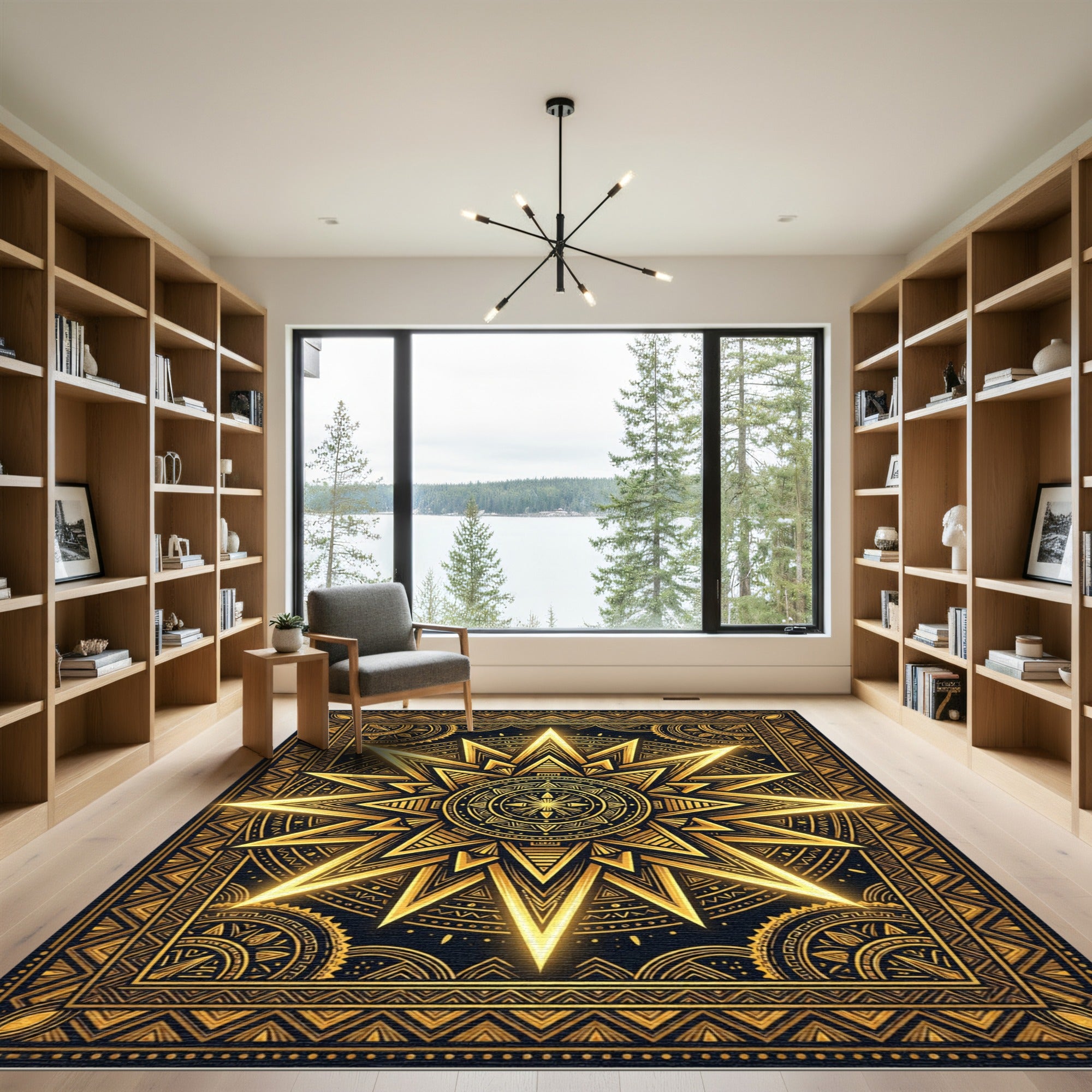 Radiant Golden Sunburst Celestial Geometry Rug