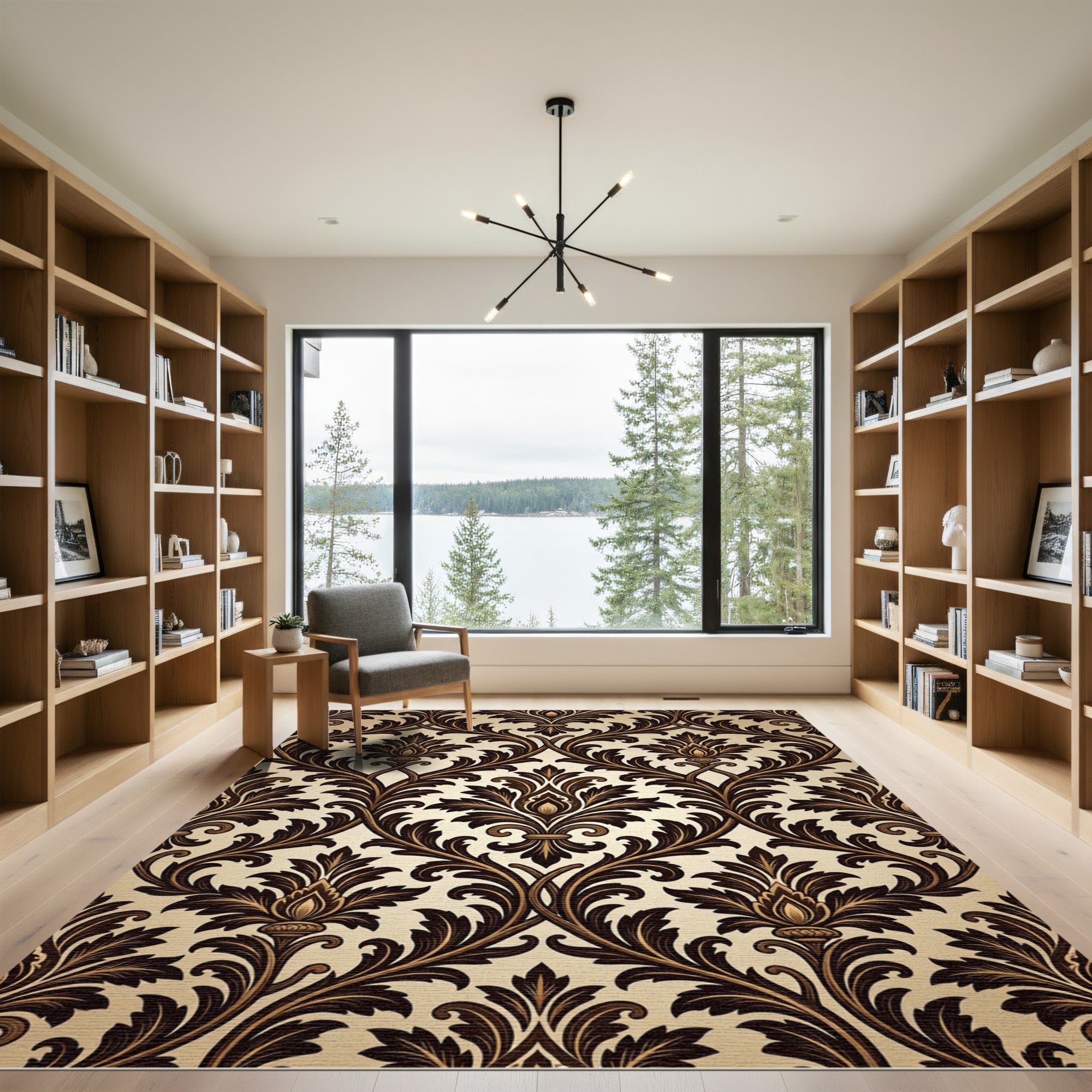 Rich Chocolate Leaf Scroll Rug