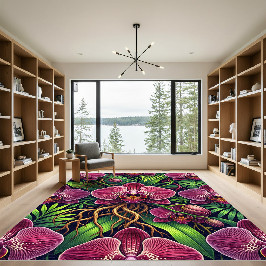 Vibrant Magenta Orchid Tropical Foliage Rug