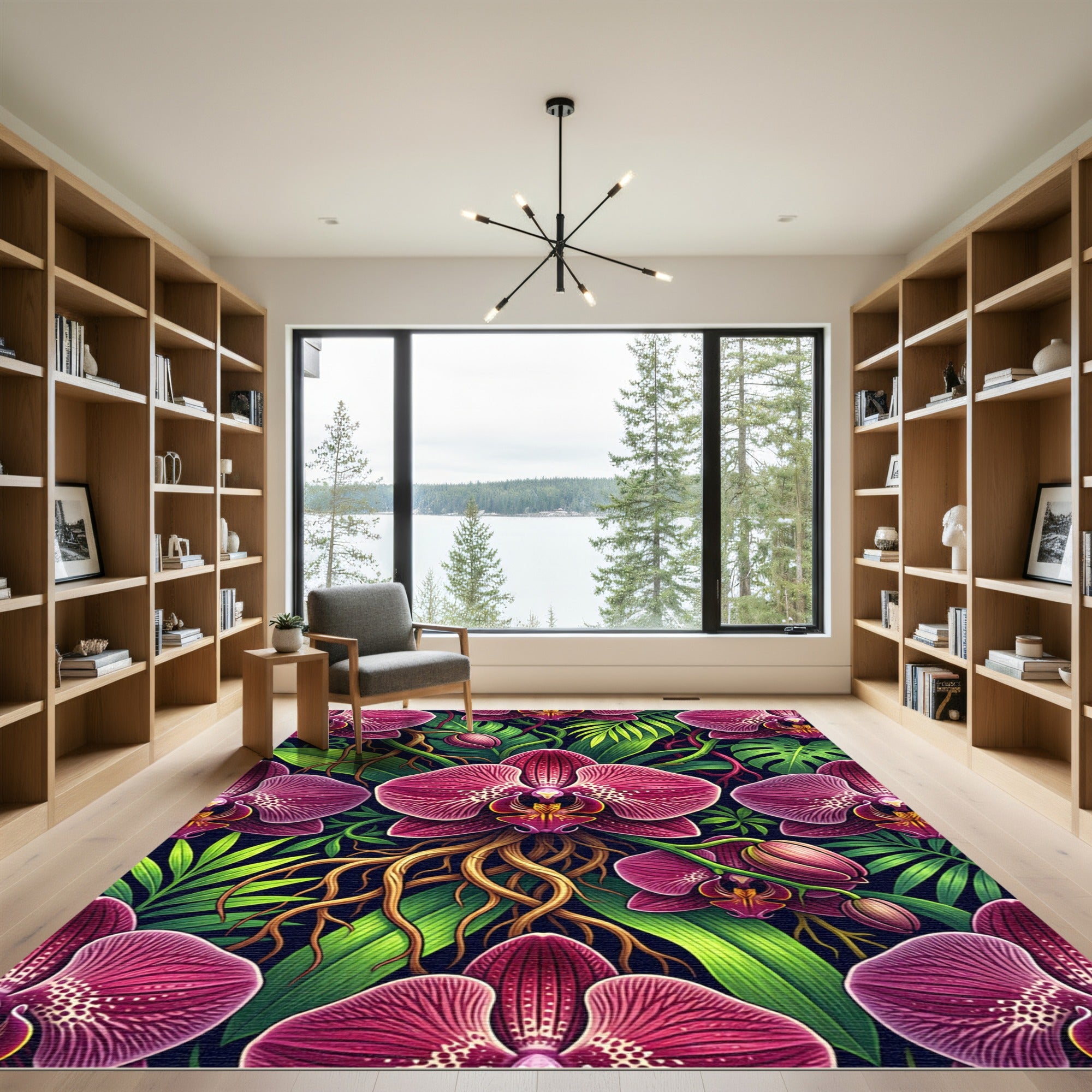 Vibrant Magenta Orchid Tropical Foliage Rug