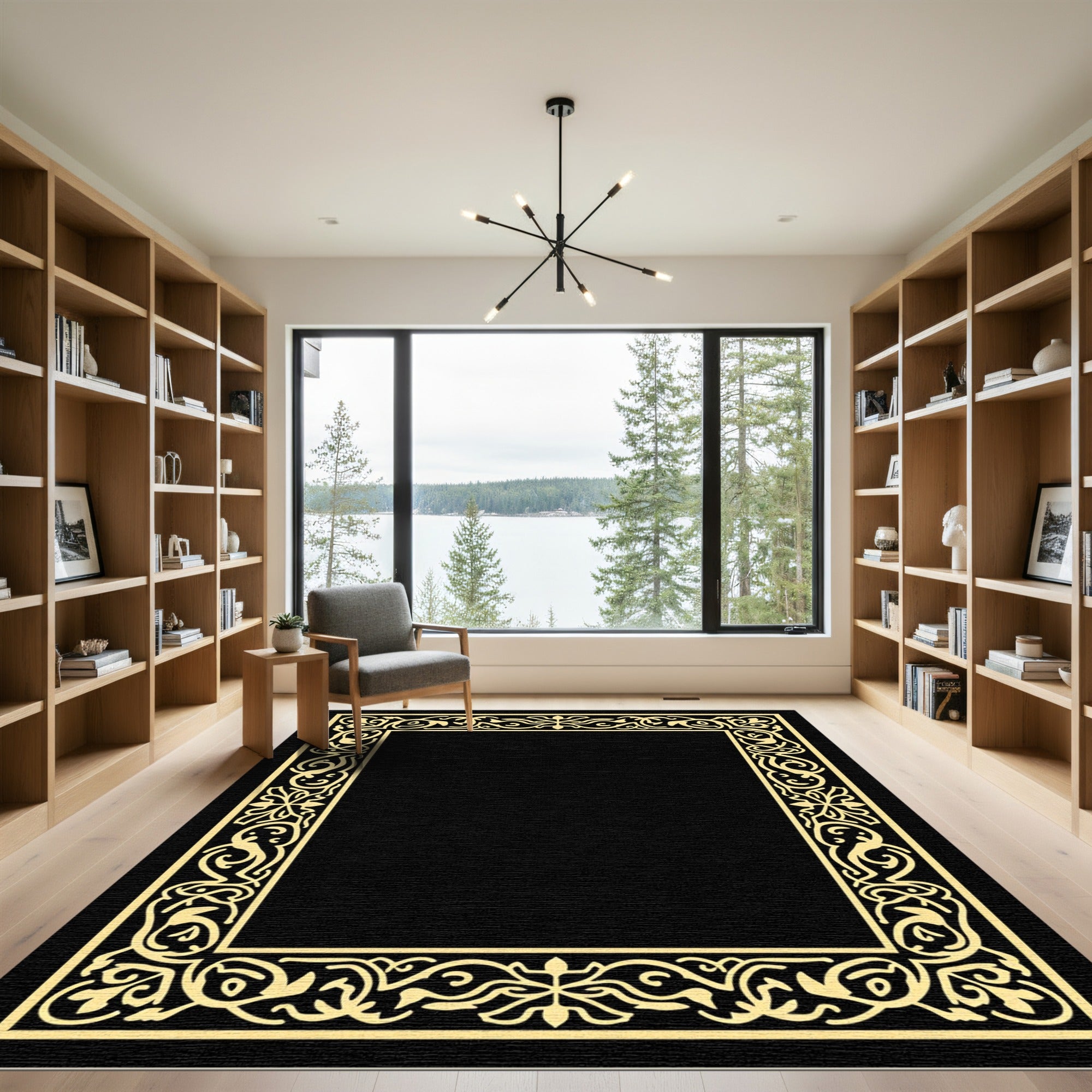 Golden Baroque Floral Scroll Frame Rug