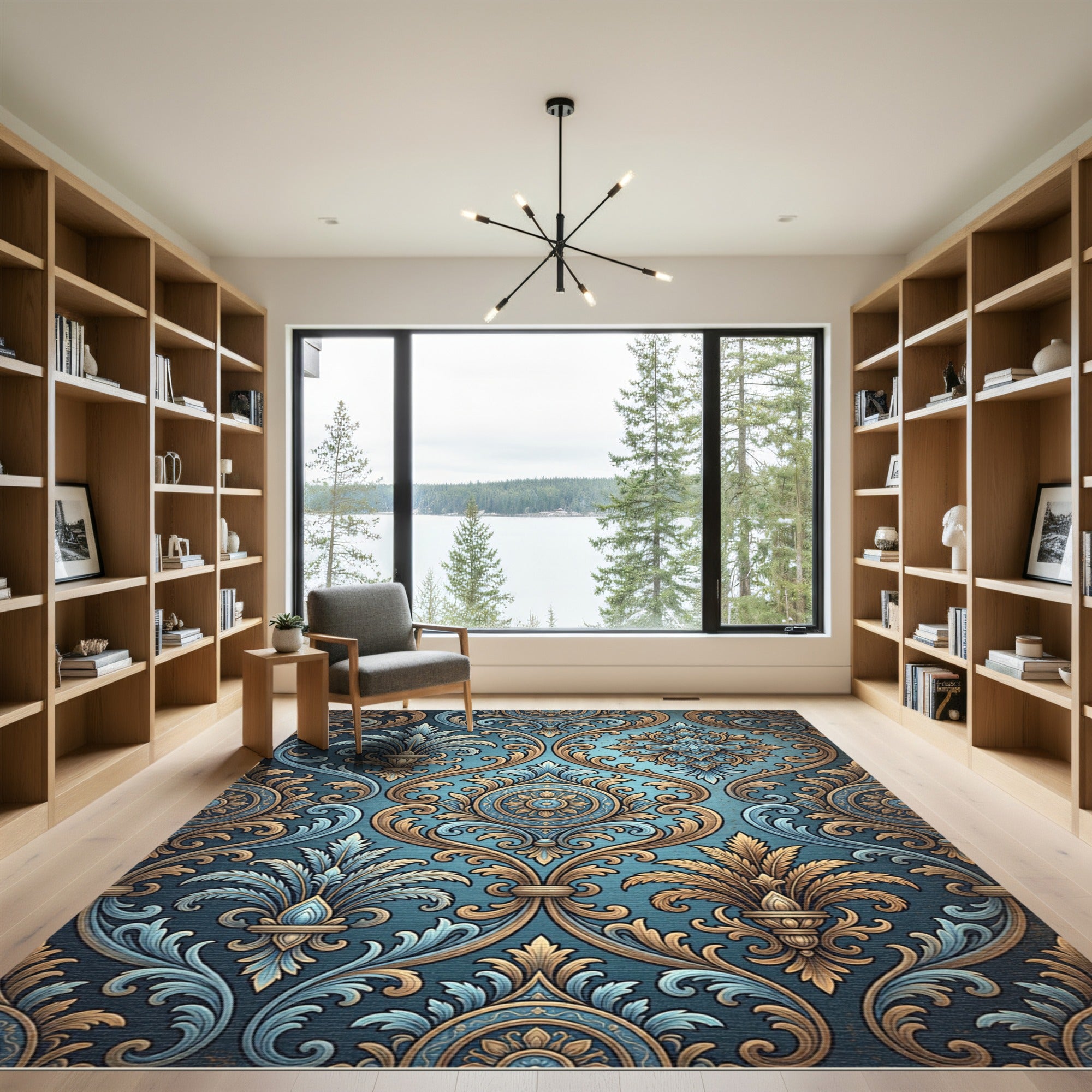 Ornate Teal Gold Damask Flourish Rug